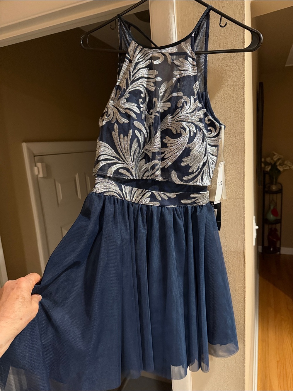Teeze Me Navy Blue and Silver Floral Halter Tulle Dress